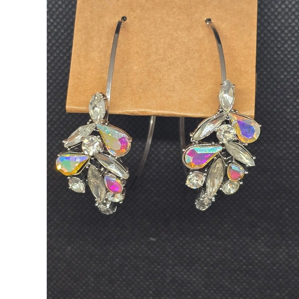 Silver Tone Iridescent Rhinestone Cluster Hoop Earrings Aurora Borealis Crystal